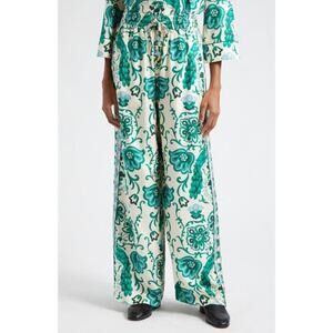 Cara Cara Amalfi Print Satin Silk Blend Wide Leg Pants Peacock Turtledove Sz XS